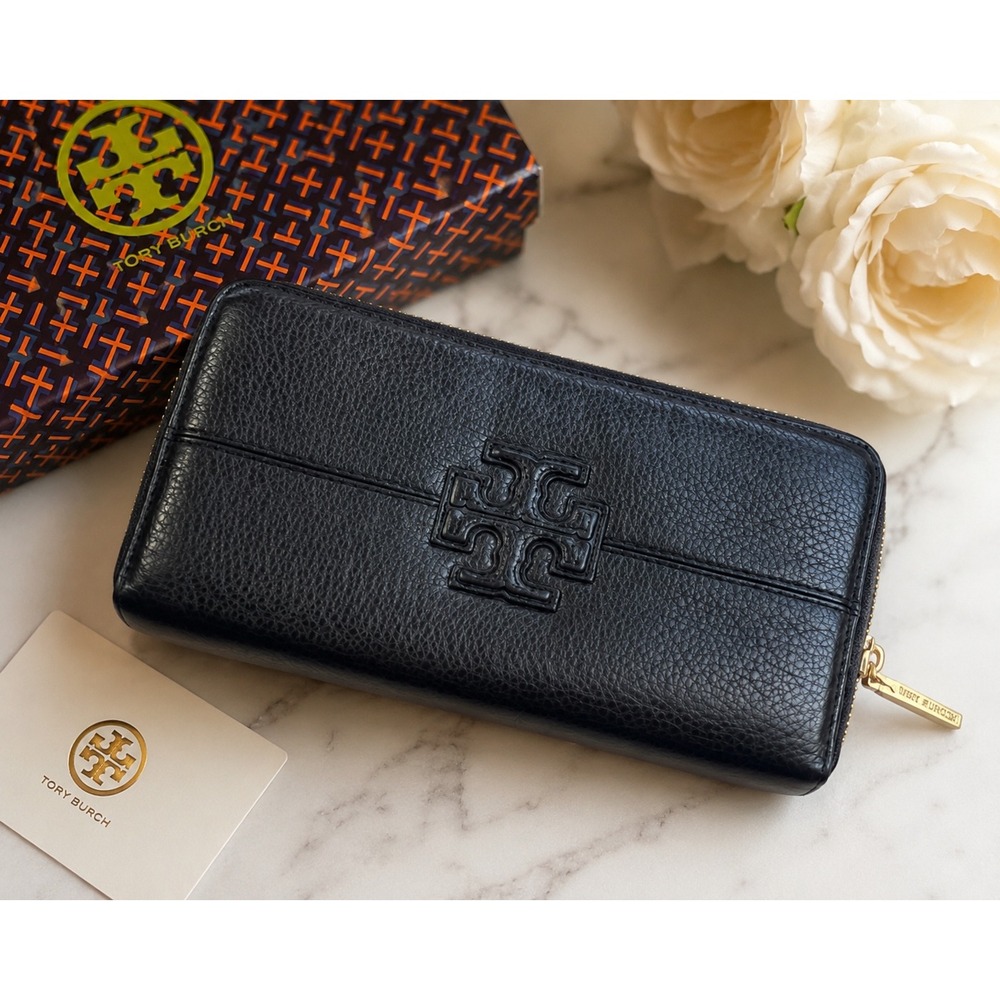 Tory Burch Britten Zip Continental Wallet Black Pebbled Leather Gold Hardware